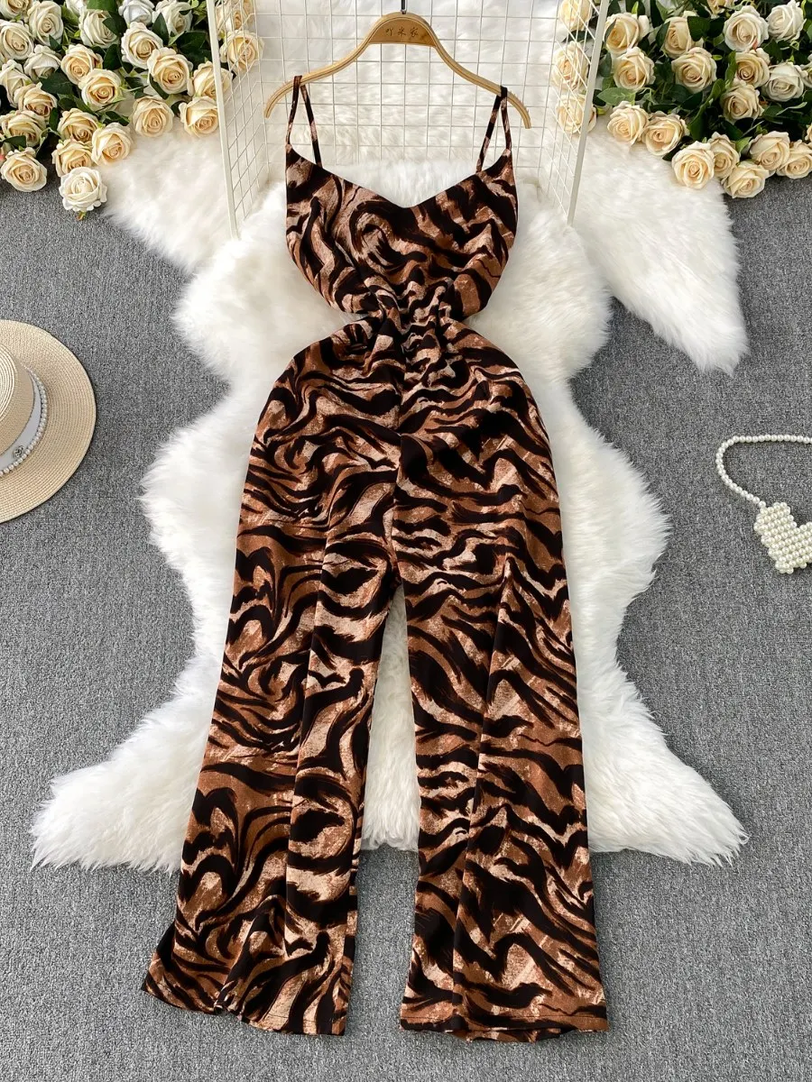 

Foamlina Sexy Backless V-Neck Sling Jumpsuit Women's Summer New Printed High Waist Wide Leg Pants Outfit Y2K High-Street