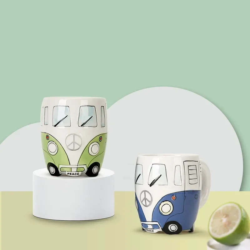 400ml Bus Mug Cute Cartoon Handcrafted Ceramic Bottle with Handle Hand-painted Children's Cup Milk Glass In The Shape of A Car