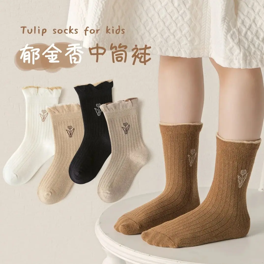 5 Pairs Autumn Socks Girls Floral Tulip Socks A Class Cotton Solid Socks Children Medium Socks Baby Kids Socks