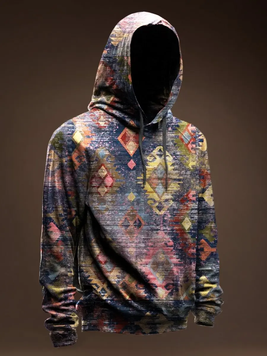 Vintage Pattern Printed Casual Hoodie Sweatshirt Men's Pullover Tops