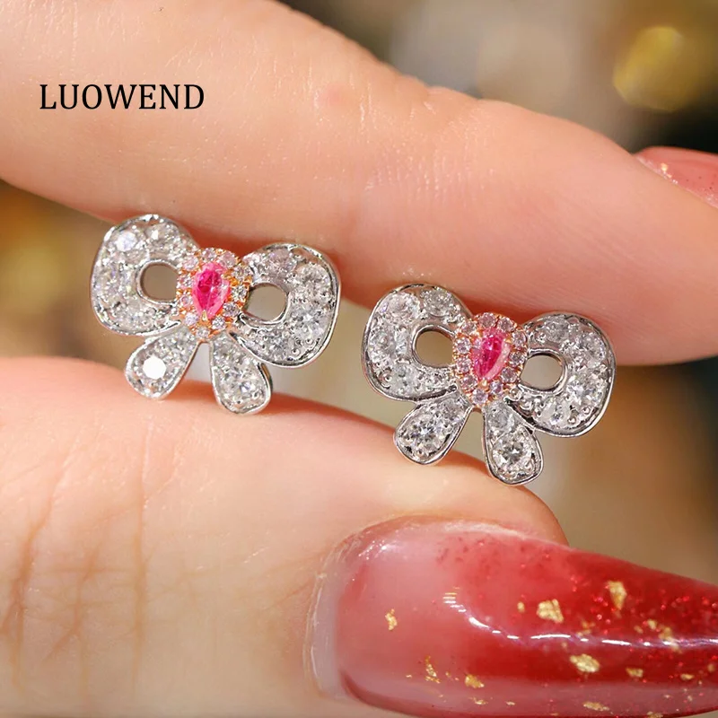 

LUOWEND 18K White Gold Earrings Luxury Real Natural Pink Diamond Stud Earrings for Women Elegant Bowknot Design Party Jewelry