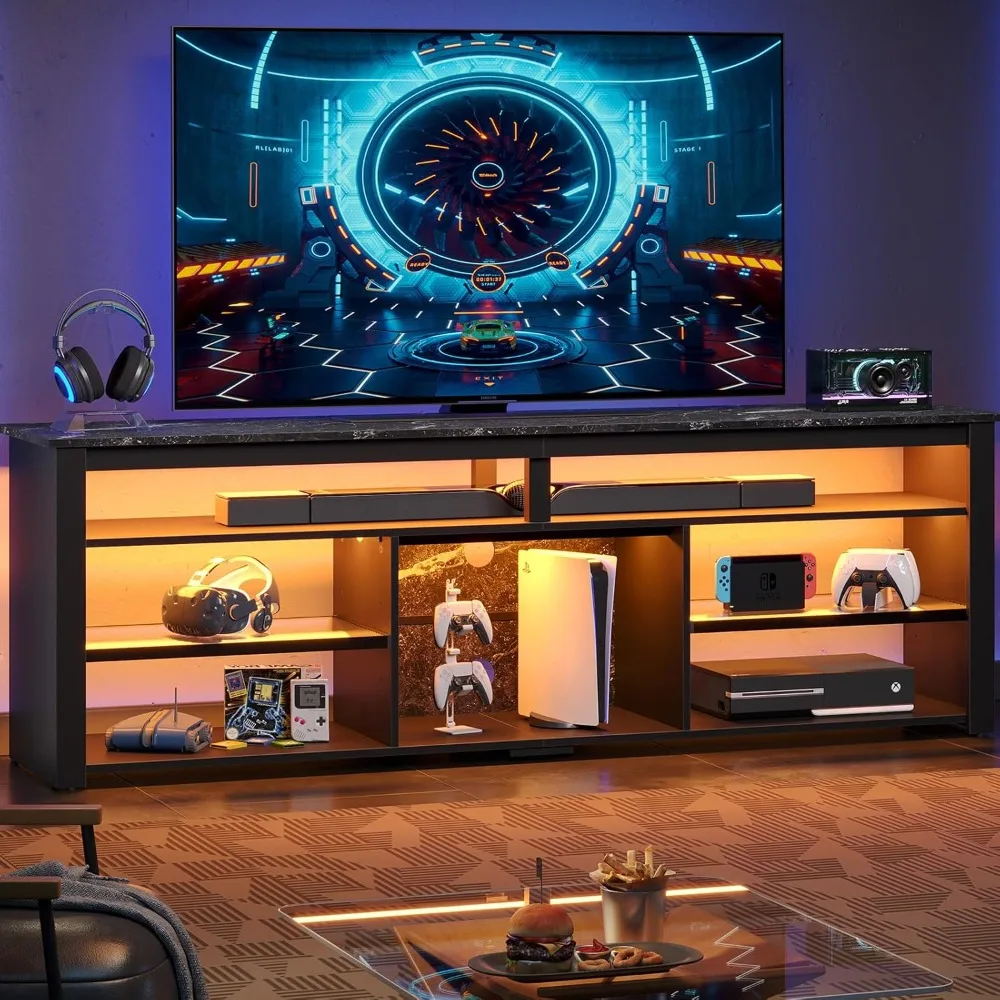 

Tall LED TV Stand for 70/75/80 inch TV, Modern Black Marble Entertainment Center with Storage for PS5, Gaming Console for Living
