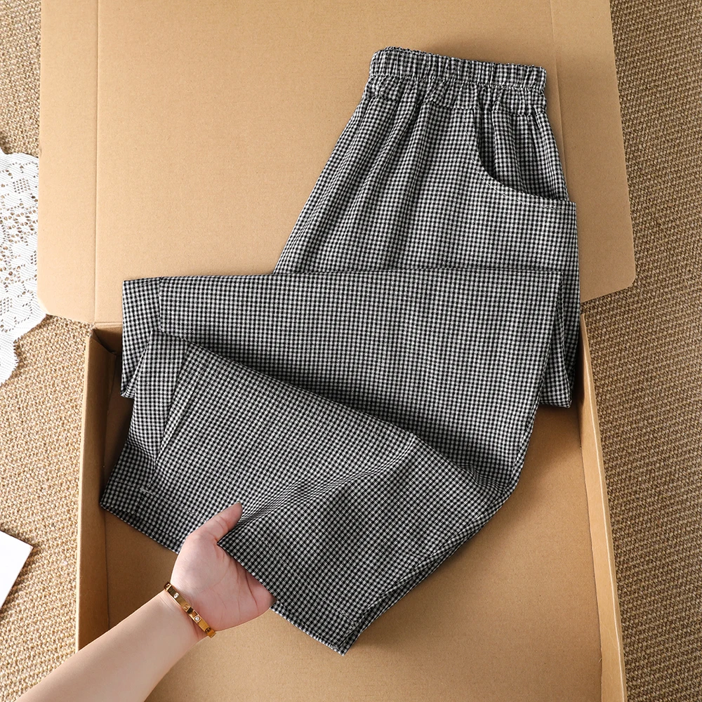 Summer Women's Loose Large Size Artistic Simple Match Lazy Pants Micro Fat Thin Cotton Plaid Elastic Waist Casual Trousers