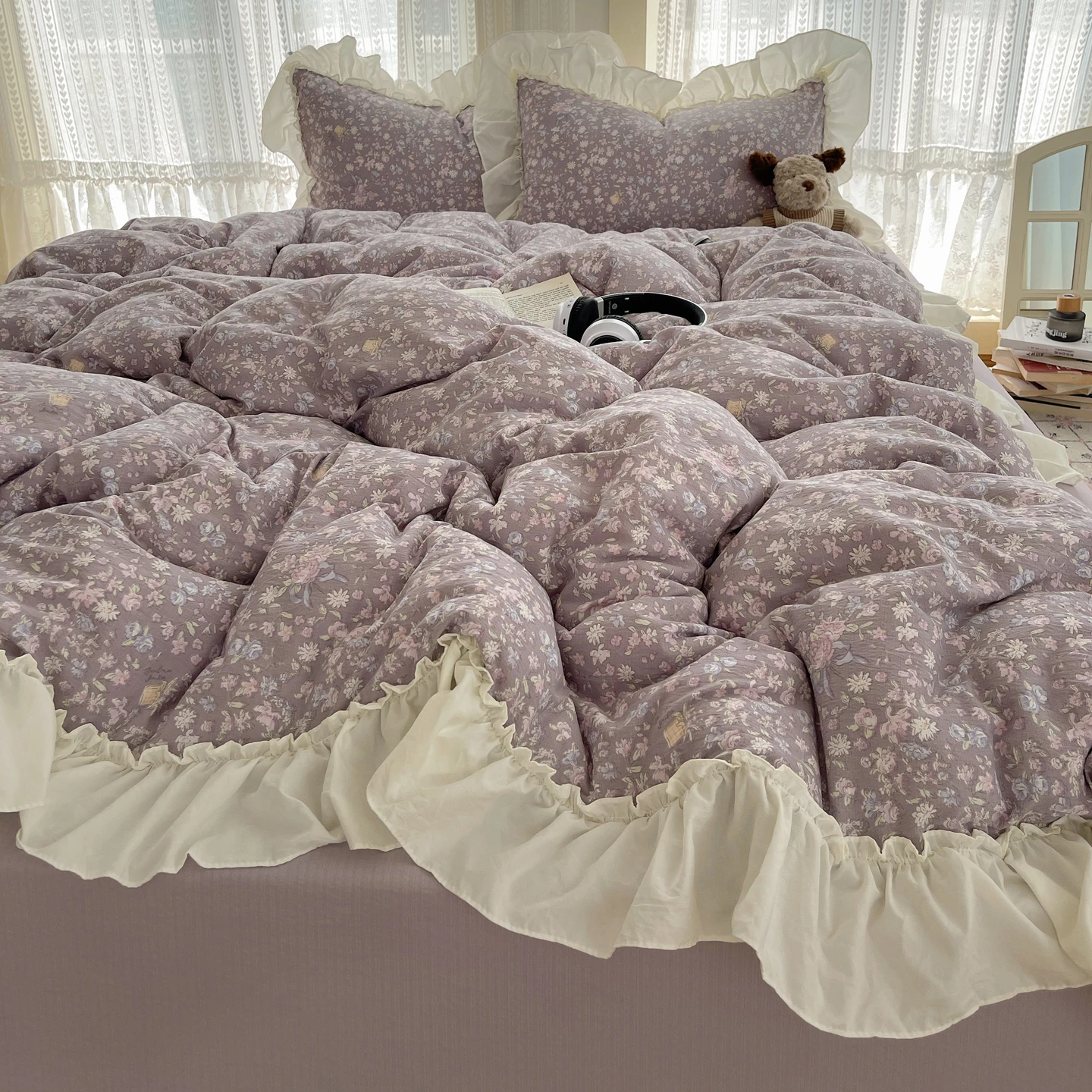 

3/4 шт. корейский стиль принцессы с цветочными оборками, комплект постельного белья из стираного хлопка, одинарный полный размер королевы, пододеяльник, простыня, наволочки