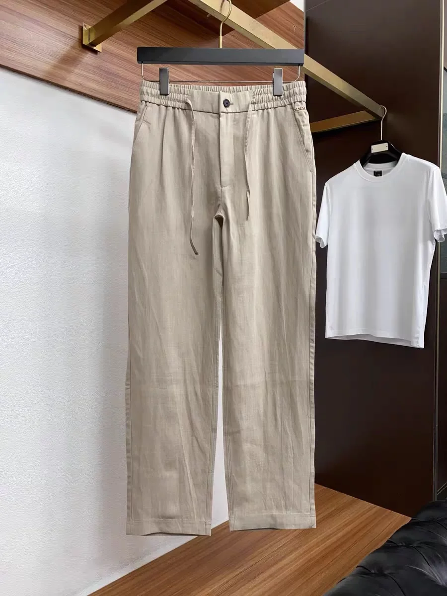 

Italian Style Lazy Cotton Linen Casual Pants Elastic Waist Rope Straight Leg Simple Summer Men's Loose Fit Trousers