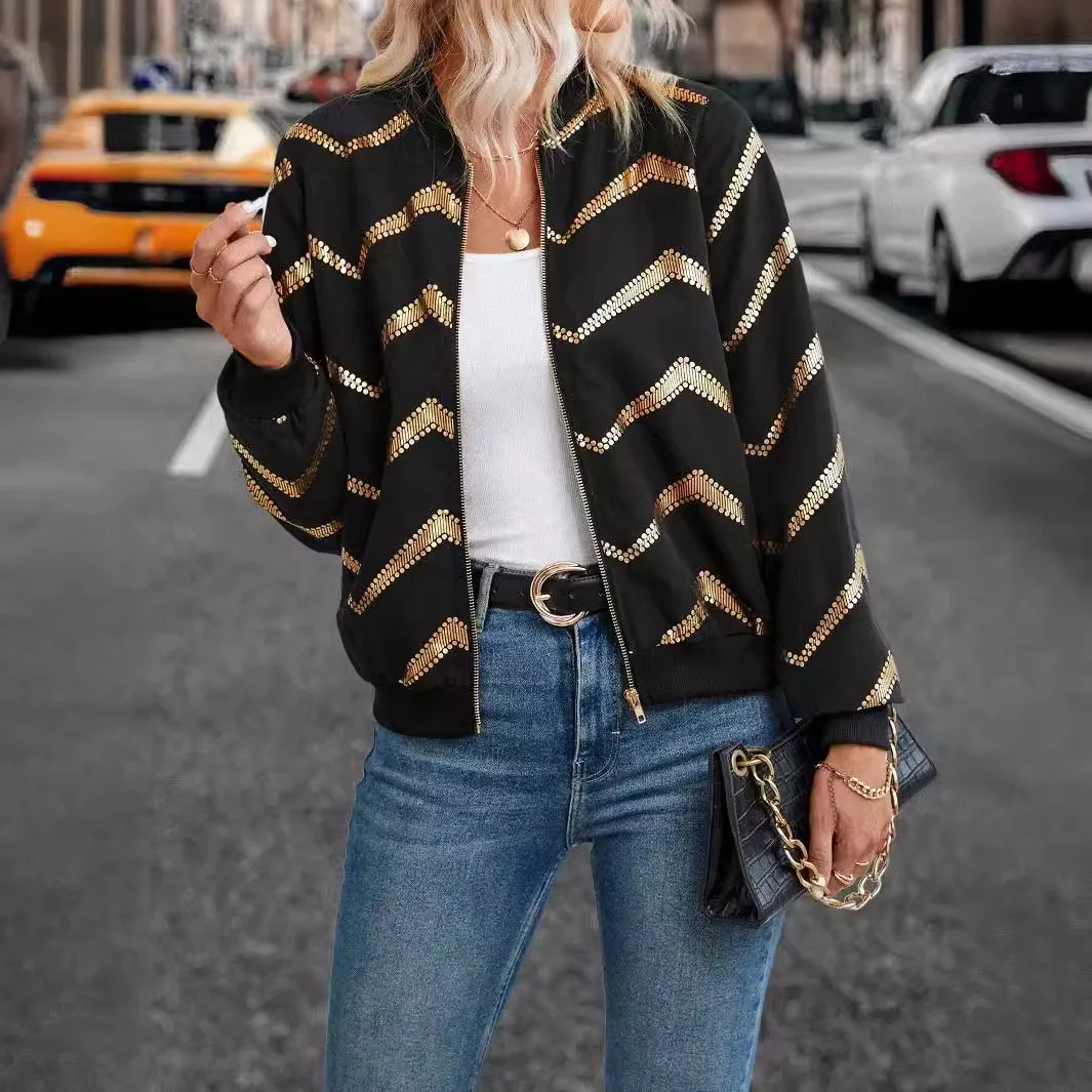 

Europe and the United States spring new fashion women's serrated bronzing printing zipper open pilot jacket coat