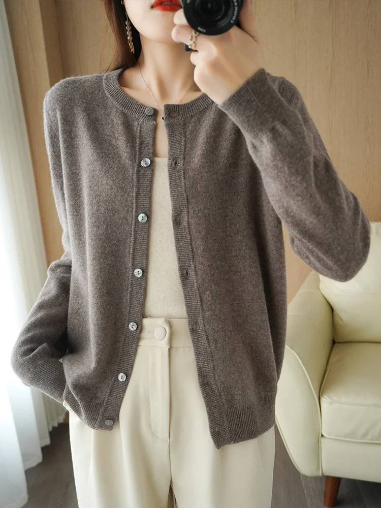 

Spring Autumn Long Sleeve 100% Merino Wool Sweaters Cashmere Cardigan Women O-Neck Knitwear Tops Clothing Fashion Basic Tops