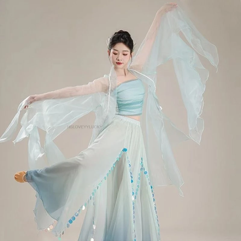 

Classical Dance National Style Fairy Chiffon Shirt And Sequined Dress Pants Chinese Style Dance Performance Practice Suit