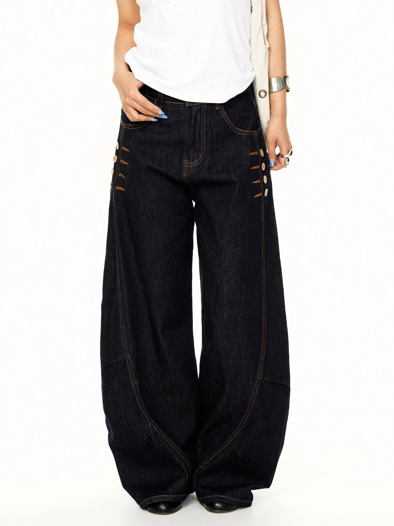 Retro Washed Bell Bottom Wide Leg Jeans Women's Summer High Street Loose Straight Cut Denim Pants Blackbb BORDER WEST UTU001