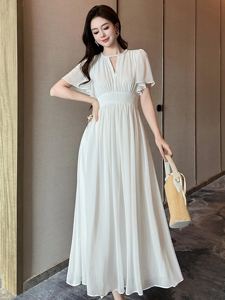 French Holiday Vacation Dress Women Sweet Fairy White Chiffon Cut Out Pleated Swing Long Robe Female Seaside Party Date Vestidos