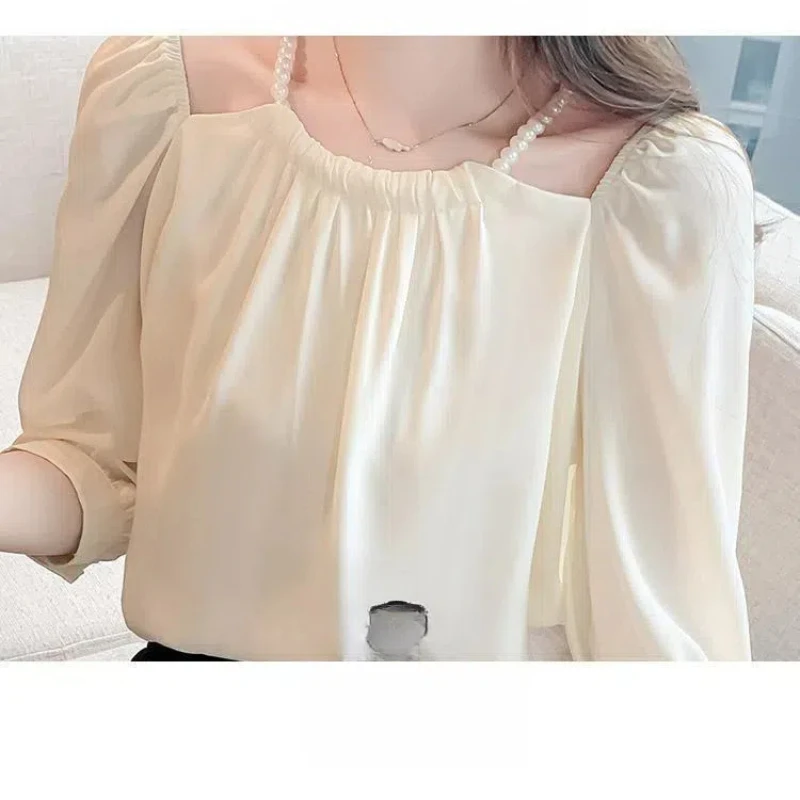 Summer Women\'s Chiffon Solid Color Pullover Long Sleeve Beaded Shirring Round Neck T-shirt Elegant Fashionable Casual Tops