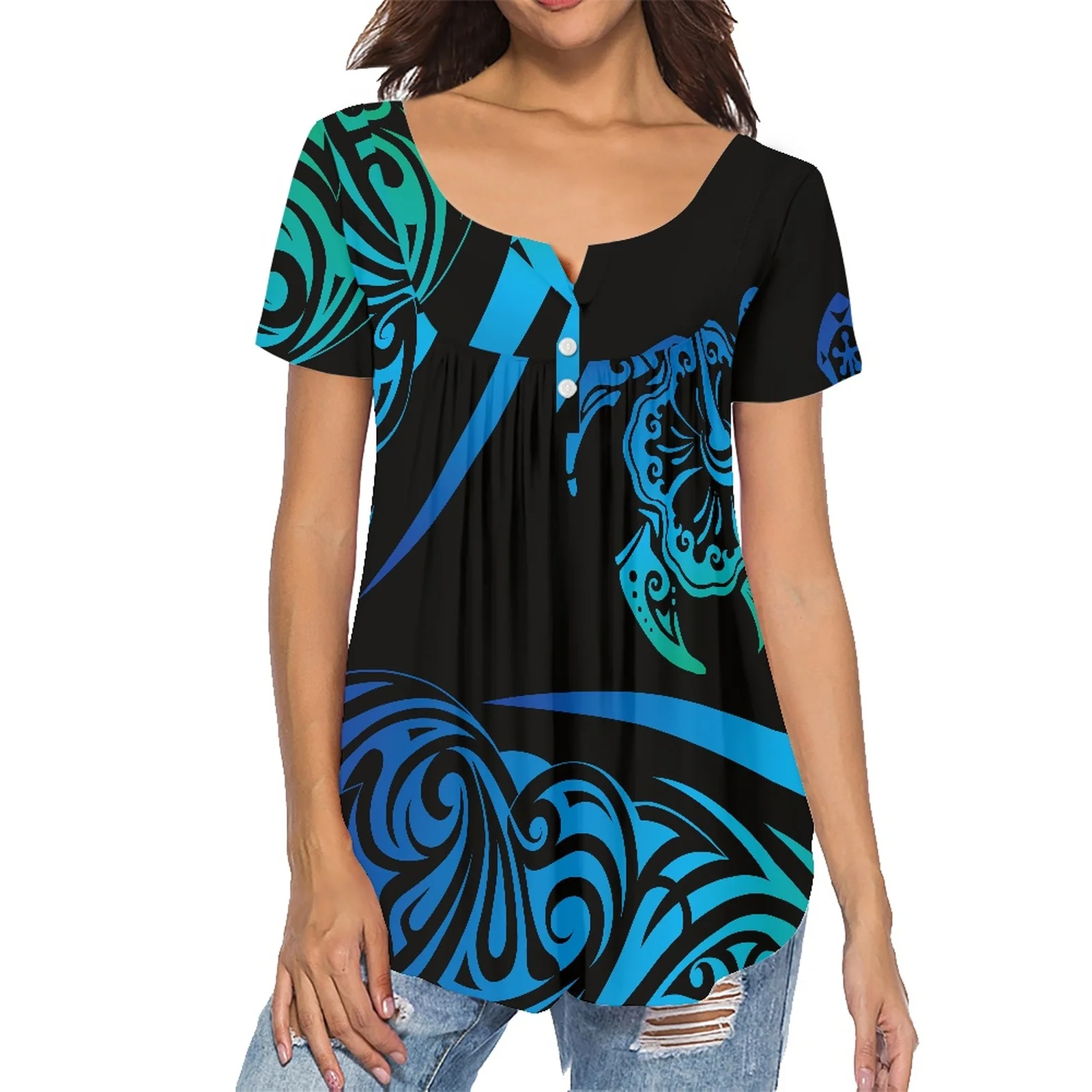 

Polynesian Tribal Summer Girl Trendy Shirt Island Wear Tattoo Print Luxury Ladies Sexy V-neck Top Ladies Pleated Buckle Shirt