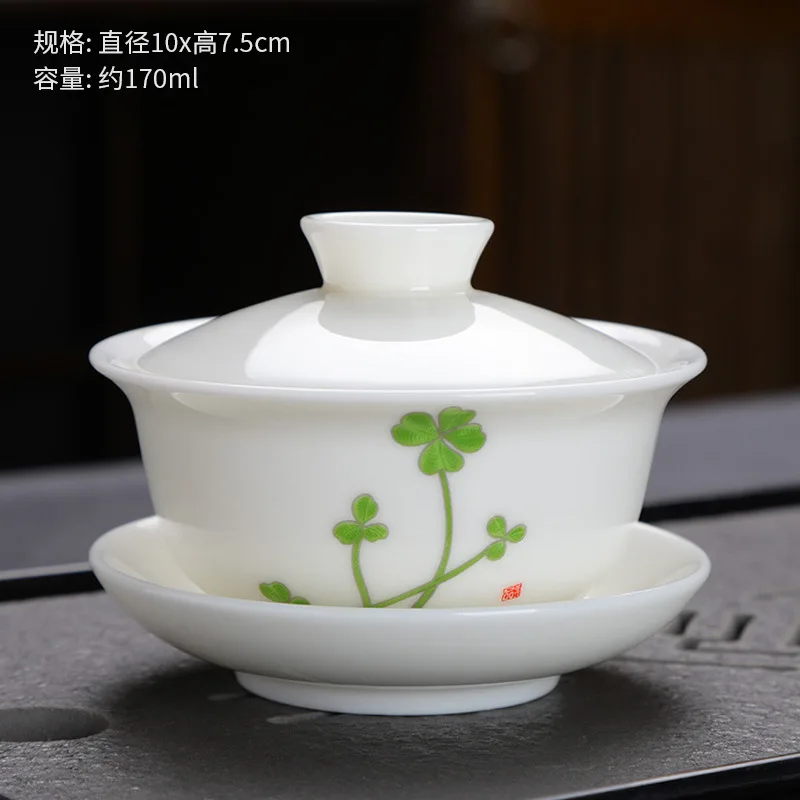 Dehua Yangzhi Jade Covered Bowl Three-Talent Bowl Ceramic Chinese White Tea Bowl Cover Cup Single Anti-Scald Large Size170ml