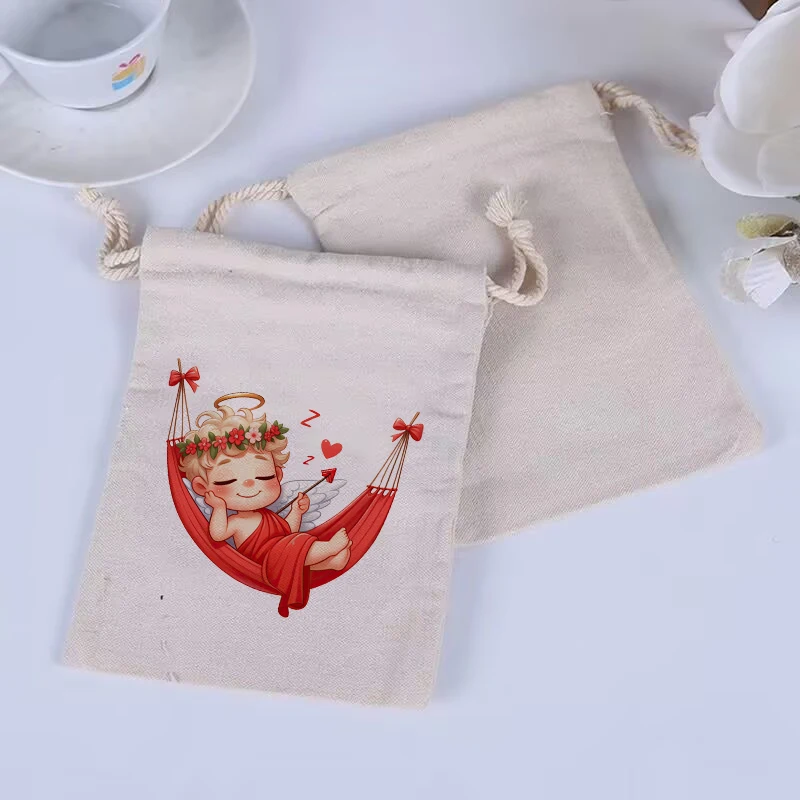 

10pcs/Cupid Angel Printed Cotton Bag Wedding Party Small Gift Packaging Bag Home Decoration