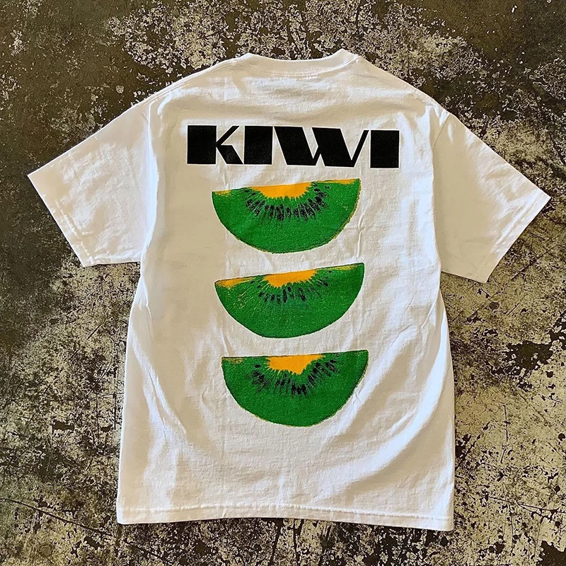 Camiseta de manga corta con estampado de letras de fruta Kiwi, ropa retro americana para mujer, camiseta de tendencia de nicho con sentido del diseño