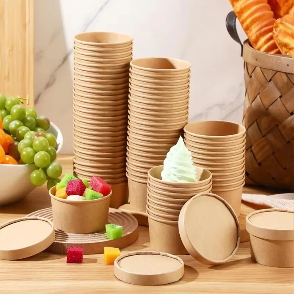 10PCS Disposable Kraft Paper Bucket Bowl with Lid 8oz/12oz/12oz Round Paper Soup Bucket Hot Soup Bowl Takeaway Packing Boxes