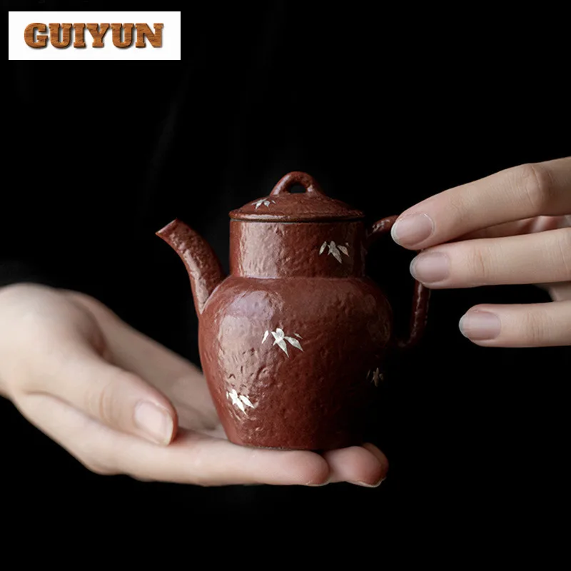 

120ml Handmade Rough Pottery Teapot Boutique Hand-painted Gilt Silve Bamboo Pot Tea Making Filter Kettle Tea Crafts Tea Ceremony