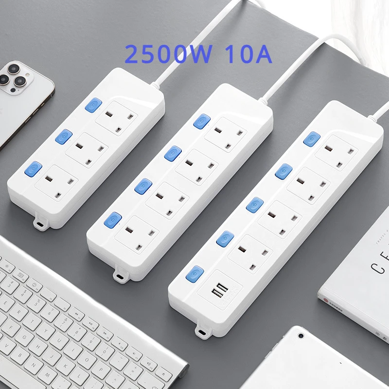 

UK Power Strip Electric Socket 2 USB 4 Outlets 10A 2500W type-c AC110 220V Overload Protection Extension Electrical Sockets