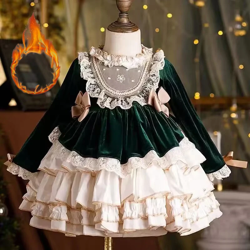 0-8-year-old children\'s birthday party Lolita bow long sleeved girl princess dress Christmas carnival fluffy baby evening dress