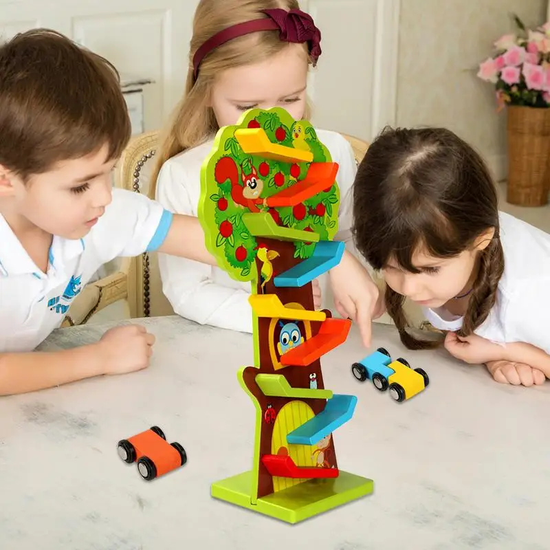 Wooden Car Ramp Toy Squirrel Themed Car Ramp Vehicle Playsets Racing Car Toys With 3 Car For Kids BabiesBirthday