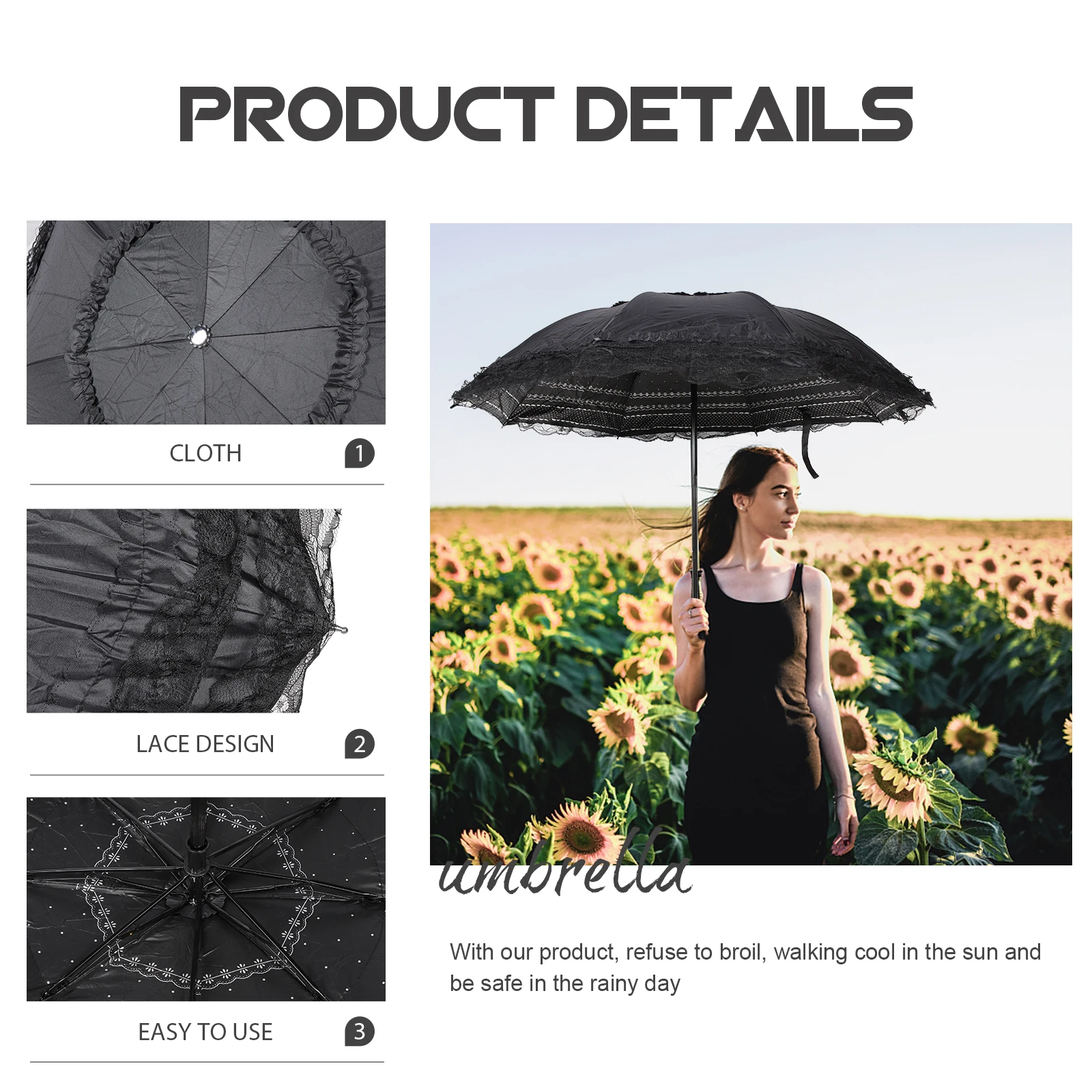 

Sun Umbrella Black Lace Parasol Decoration Decorative Umbrellas for Vintage Parasols