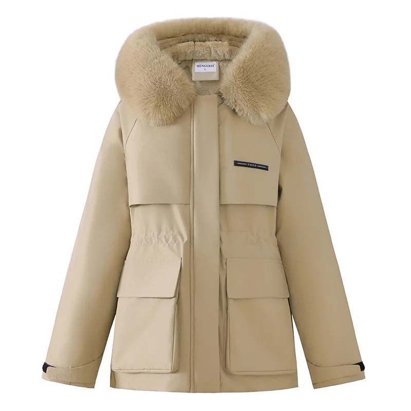 معطف شتوي مبطن Fce للنساء بخصر Jaet مع ياقة كبيرة من الفرو وسحاب للإغلاق طويل Sve متوسط الطول #5