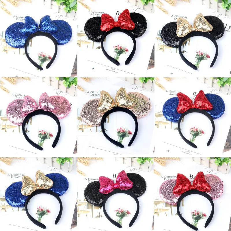 Hot Sales Minnie Mouse Ears Headbands Hair Accessories for Girl Christmas Children Sequin Bows Girl Birthday Party Hairband Gift