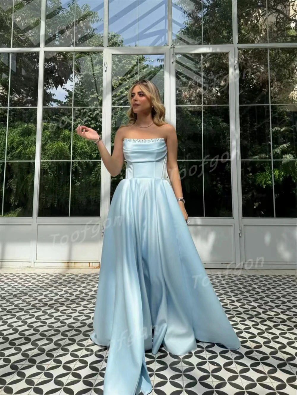 Toofgon Sky Blue Beadings Satin Evening Dresses Draped A Line Customized Corset Back High Slit Party Dress Red Carpet Prom Gown - view 3