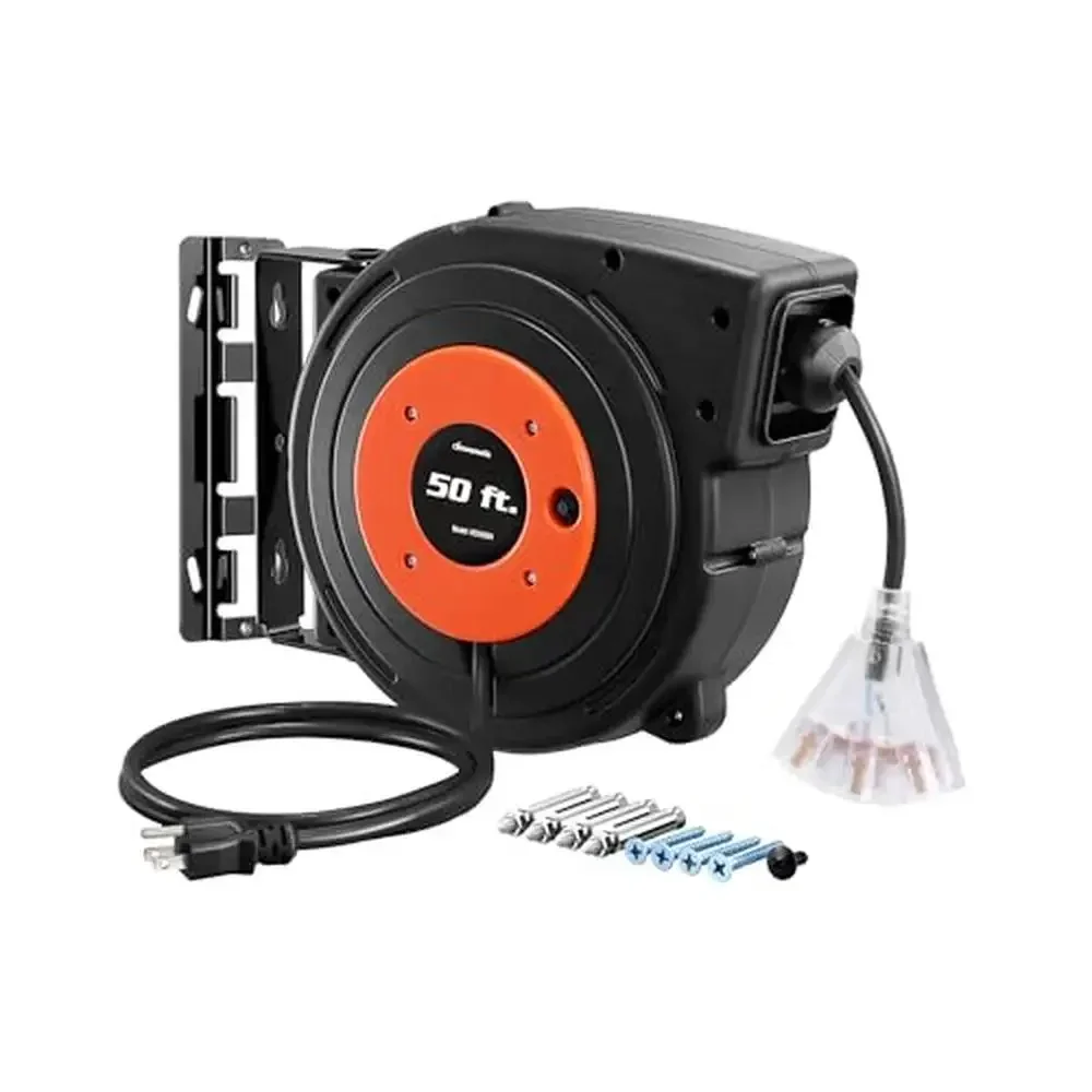 

50FT Heavy Duty Retractable Extension Cord Reel 14AWG/3C SJTOW Grounded Outlets Lighted Triple Tap Auto-Rewind 13 Amp Circuit
