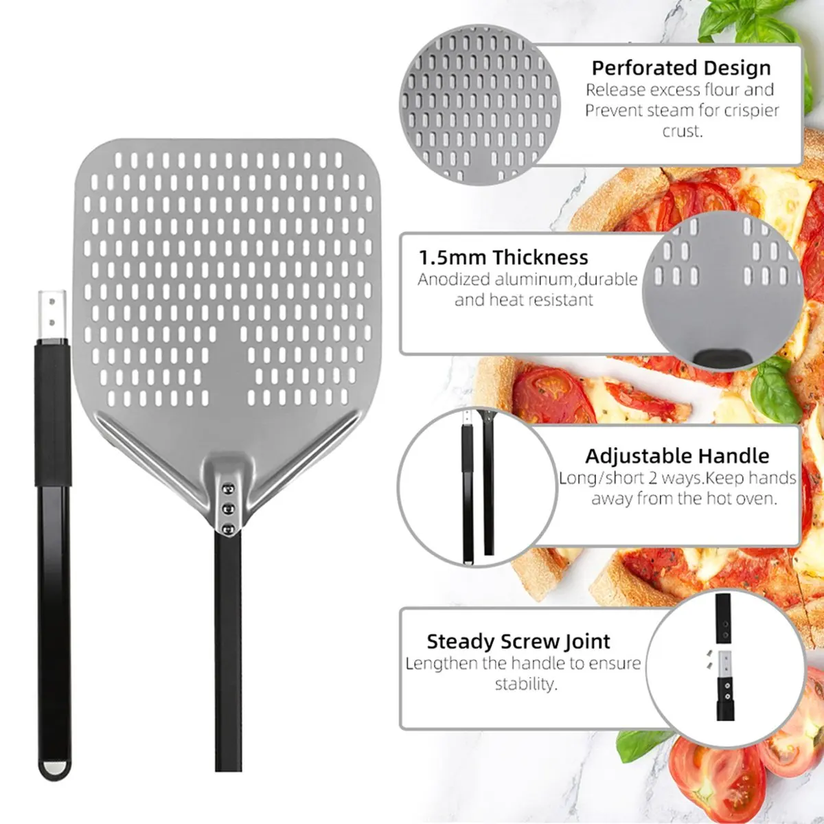 M10K 12 Inch Big Pizza Peel Perforated Shovel Paddle Metal Handle for Oven Turning Peel Kitchen Tools Nonstick Baking