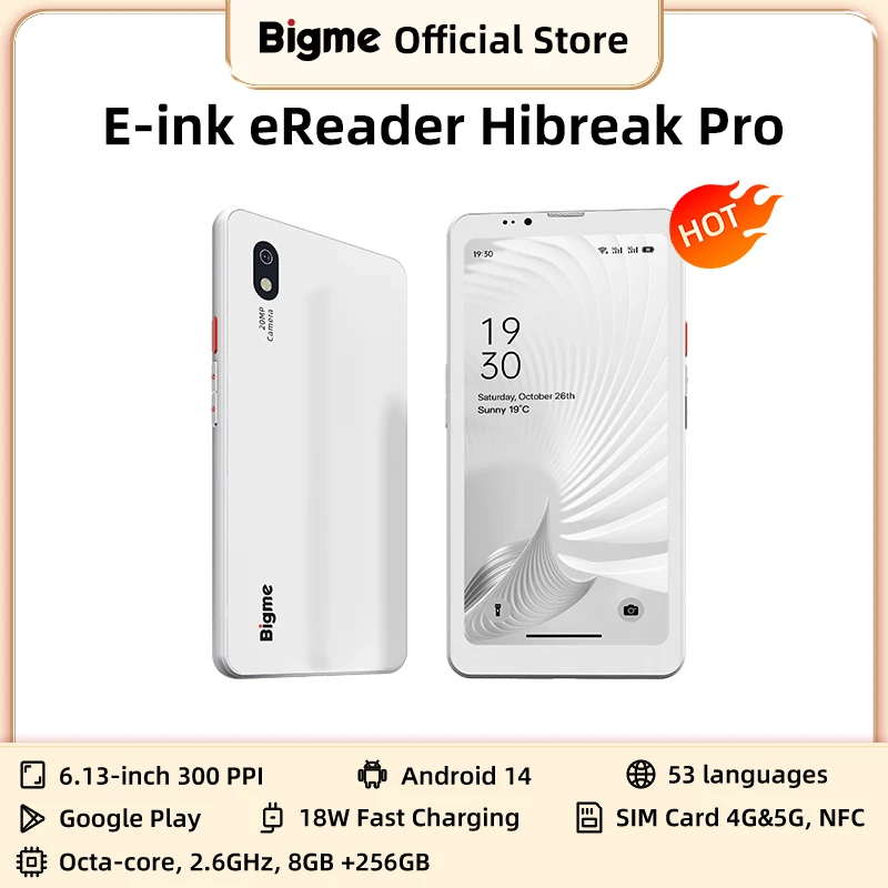 BIGME Hibreak Pro Lector de libros electrónicos con pantalla de tinta electrónica de 6,13 pulgadas y 300PPI, sistema abierto Android 14, ereader de ROM de 8 GB de RAM + 256 GB Hibreak opcional