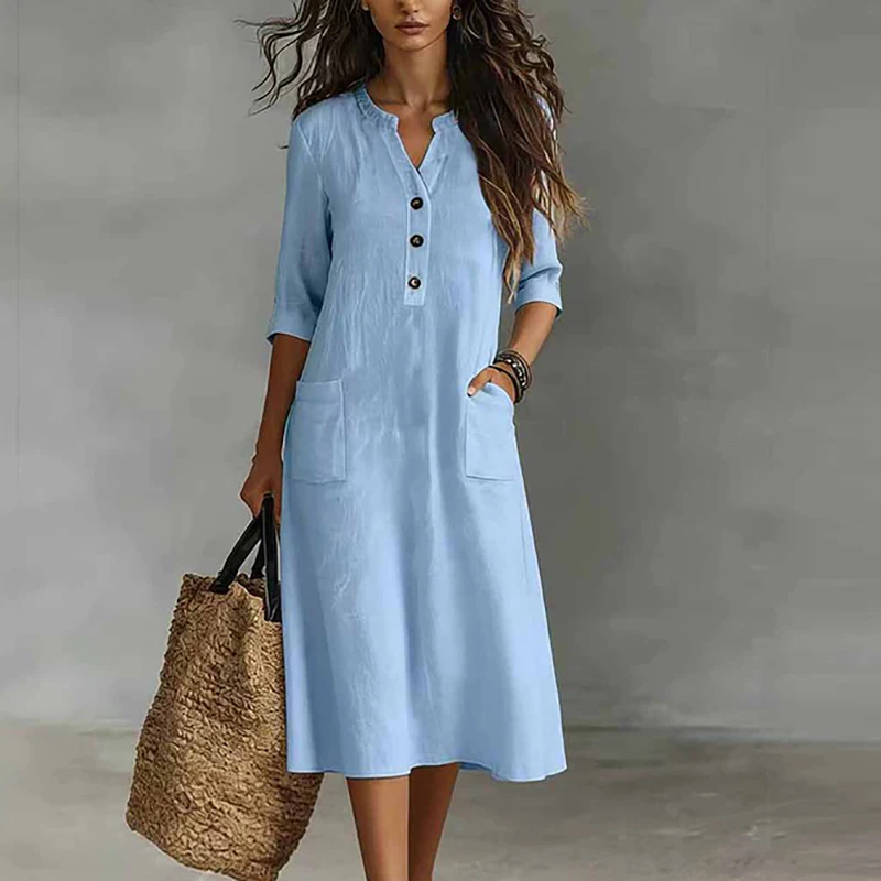 เดรสลำลองผู้หญิงสีพื้น แขนครึ่ - Boho Summer Beach Maxi Dress บทวิจารณ์และราคา