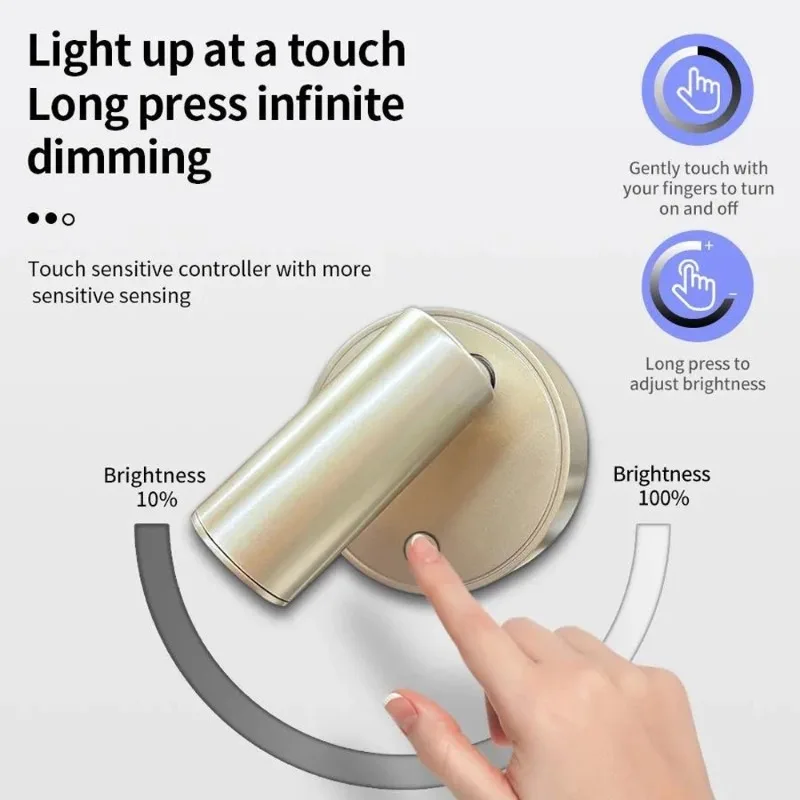 LED Bedroom Wall Light USB Rechargeable Black White Magnet Magnetic Base Dimmable With Touch Switch For Bedside Study Reading