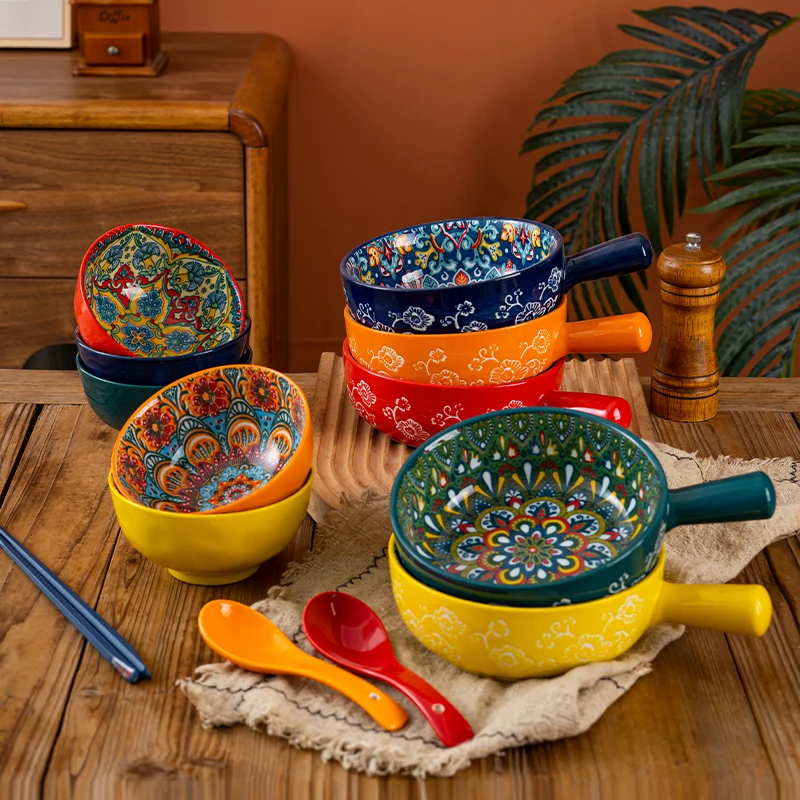 

Ceramic Tableware Set Handle Bowl Household Rice Bowl with Handle Noodle Bowl Breakfast Cup Bowl Chopsticks And Spoon Set