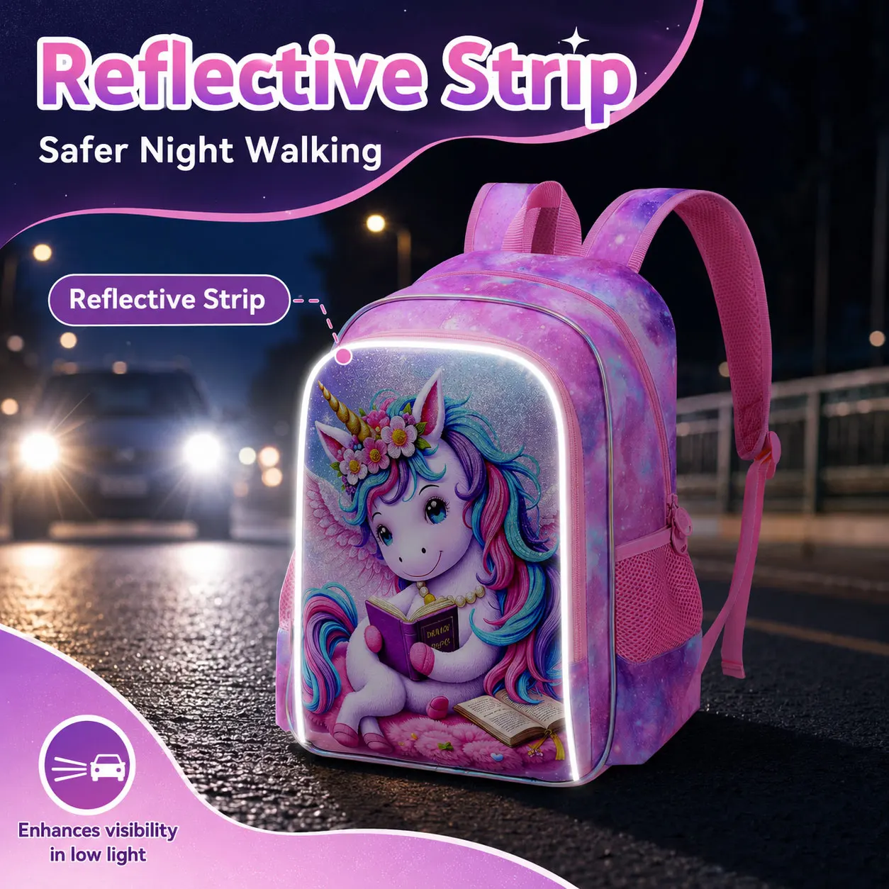 3Pcs 16 Inch UV‑Print Reading Unicorn Backpack Set Cute Cartoon School Travel Bag For Girls Kids