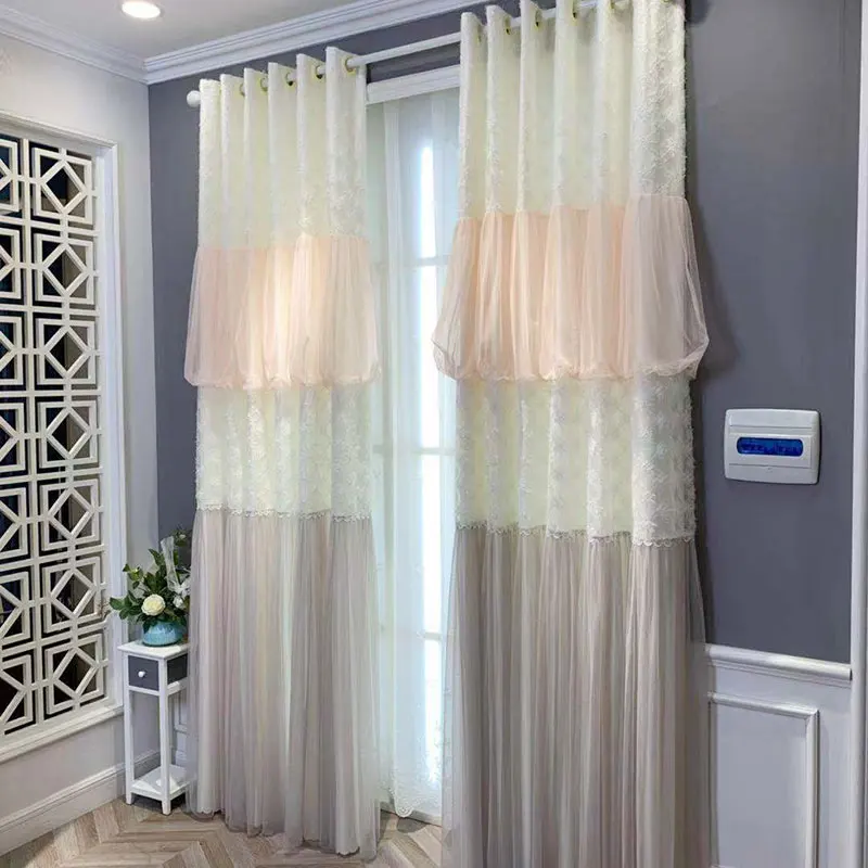 

Ins Fresh Princess Ruffles Gauze Curtains 2 layers Korean Fairy Window Drapes for Wedding Decos High-end Lace Skirt Cortinas