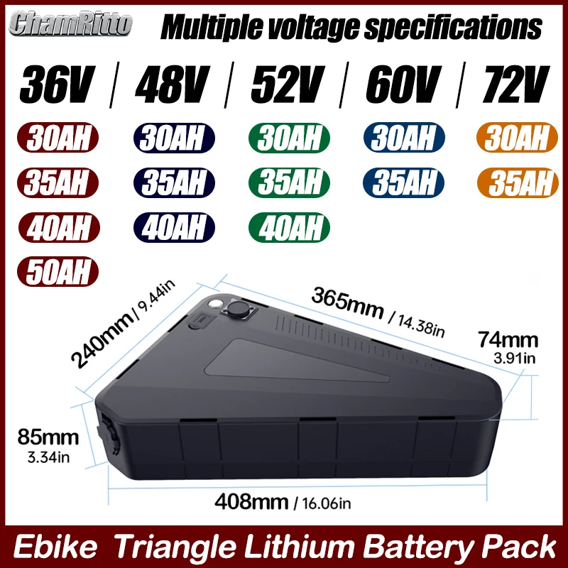 E bike 48v 52v 60V 72V 1000W 2000w 3000w Triangle battery 30 40 50ah 60ah  Electric Bicycle chamrider waterproof lithium battery