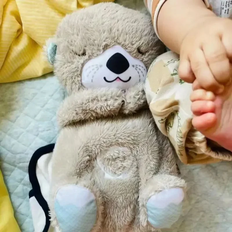 Brinquedo de pelúcia para dormir infantil, urso respirador, lontra calmante, som e luz, presente para bebê