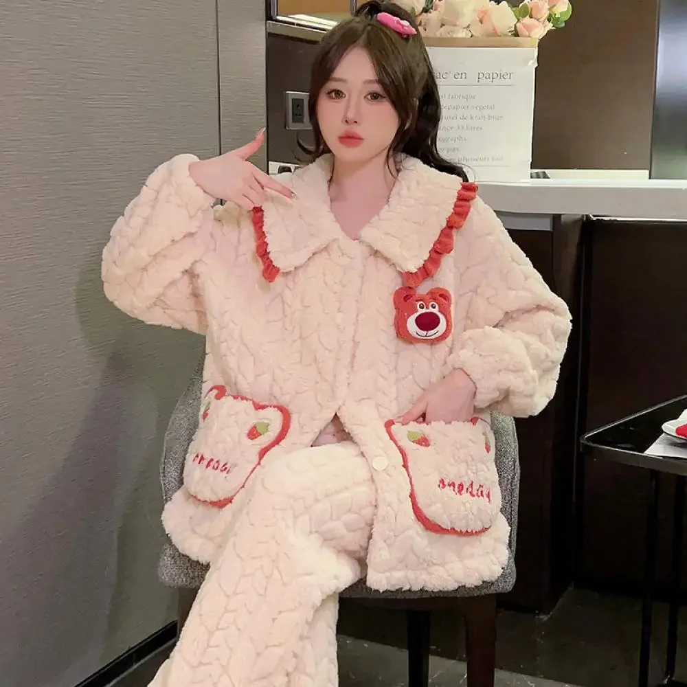 Hachiware Winter Large Size 2Pcs Plush Pajama Set Kuromi Sanrioed Women Anime Cartoon Thicken Warm Coral Fleece Home Clothes