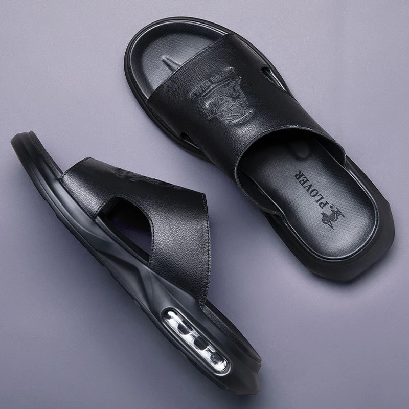 2024 Summer Shoes for Men Genuine Leather Slipper Embroider Casual Sandals Comfortable Slides Air Cushion Beach Shoes