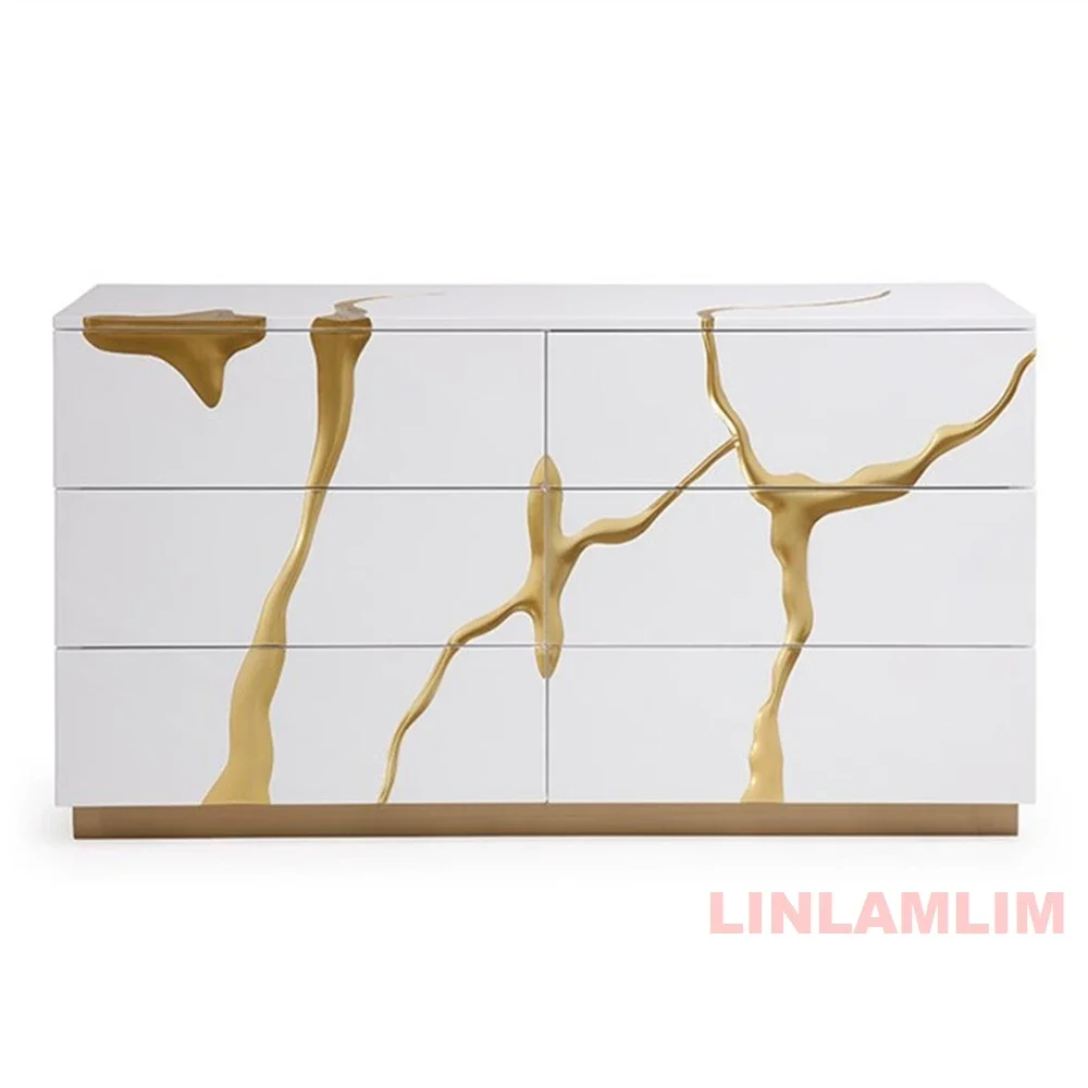 Modern Sideboard with Gold Abstract Design, White High Gloss Storage Cabinet with Multiple Drawers, Dining Room Console Table