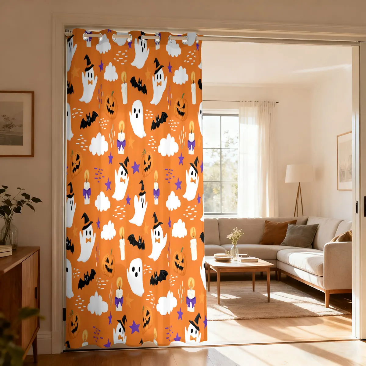 Halloween Single Piece Loop Curtain Ghost Pumpkin Bat Print Perforated Hanging Window Drape 1PC Punch Hole Curtain for Living