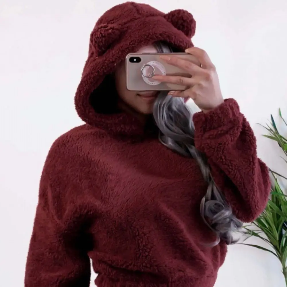 دافئ طويل الأكمام الدب الأذن هوديس أبلى غامض أفخم هوديس بلون البلوز الملابس الصوف البلوز الخريف
