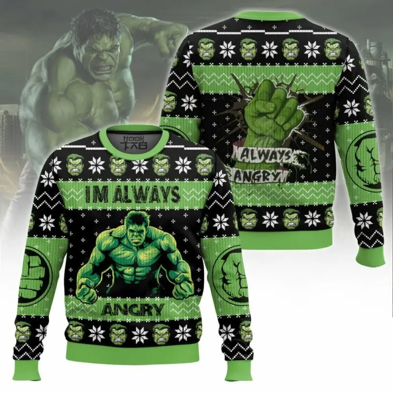 

Marvel Superhero Hulk Christmas Ugly Sweater Muscle Fist Irritable Black Green Christmas Outfit Personality Fashion Trend