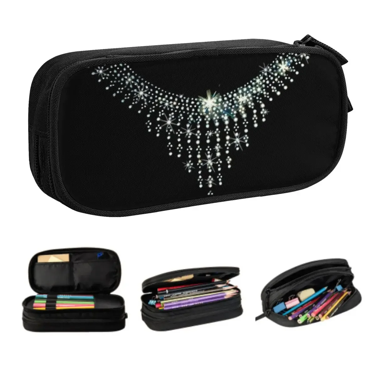 

Custom Sequins Rhinestone Collar Bib Necklace Pencil Cases for Bling Diamond Pen Box Bag School Accessories