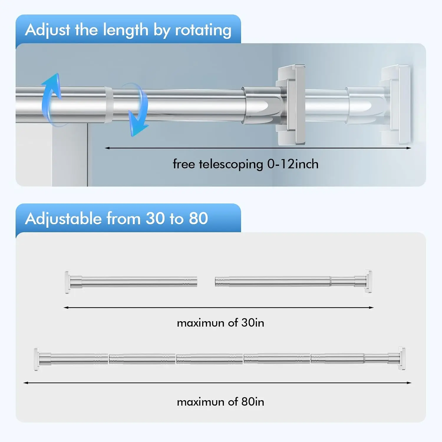 Adjustable Tension Shower Curtain Rod 30-80 Inch, Stainless Steel No Drill for Bathroom view 4