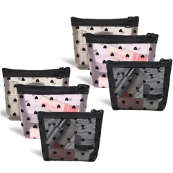 BKAXZ004 6 Pieces Heart Print Mesh Cosmetic Bags for Women Beauty Makeup Lipstick Cosmetic Accessories