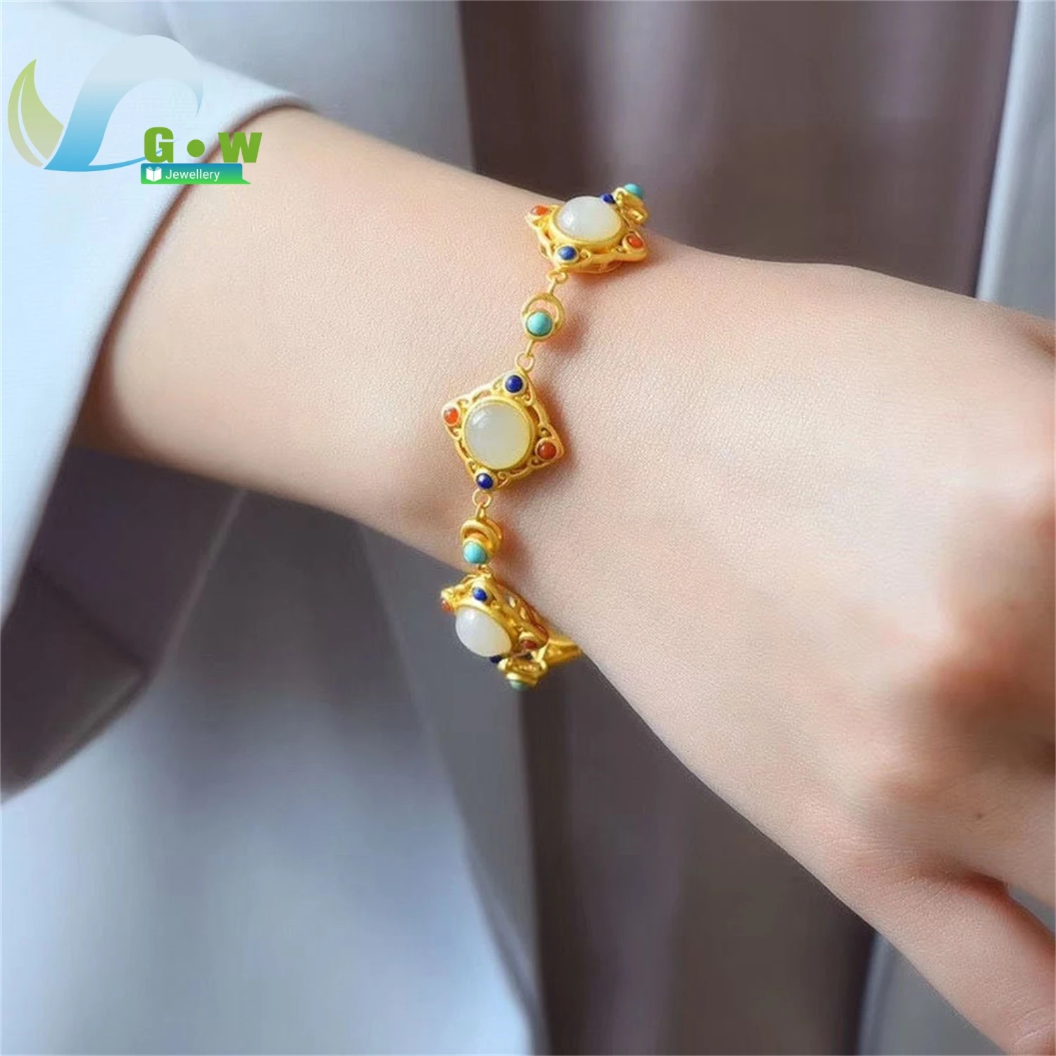 

Luxury elegant royal Chinese ethnic vintage s925 silver multi gem exquisite goddess bracelet for women handmade jewelry gift top