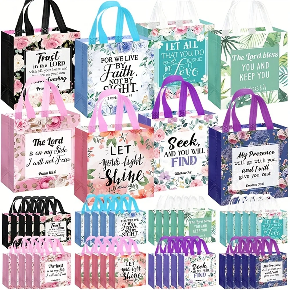 

32 Piece Floral Bible Verse Tote With Handles - Reusable Fabric Gift Bags For Christian Baptisms, Weddings And Birthdays - Inspi