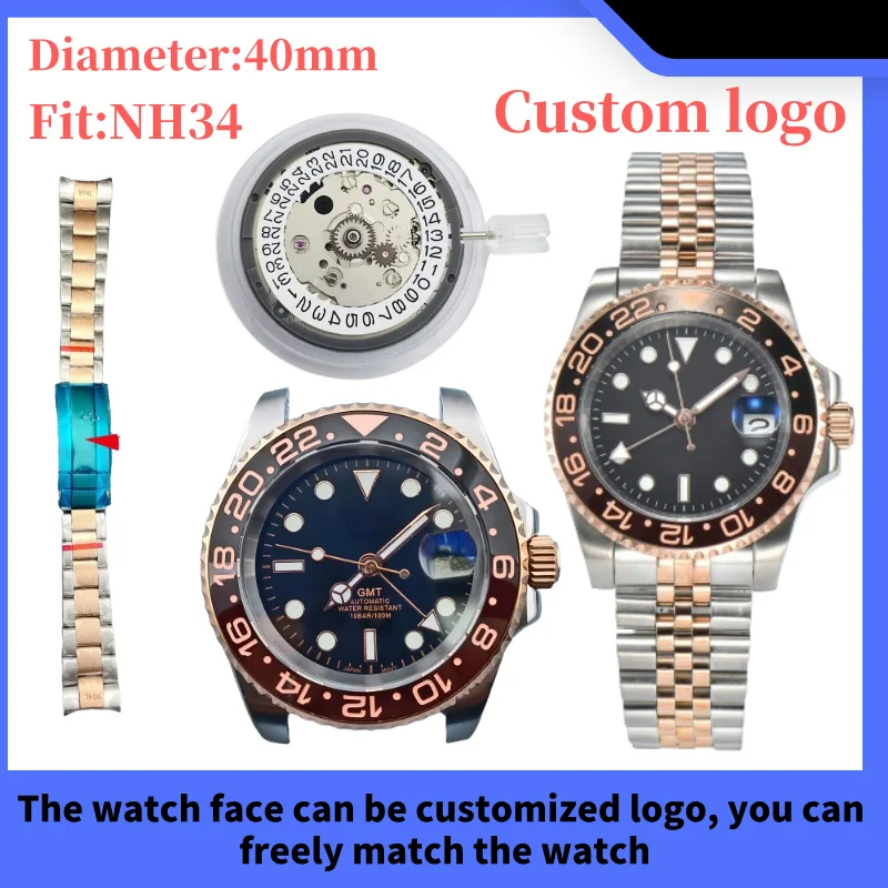 40mm NH Series 34 GMT watch case for NH Series 34 movement stainless steel case Sapphire glass dual steering case Custom logo